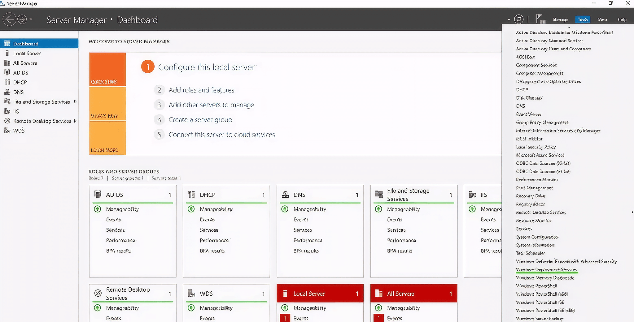 Windows Server Manager dashboard showing all configured roles — AD DS, DHCP, DNS, IIS, RDS, WDS — with green health indicators