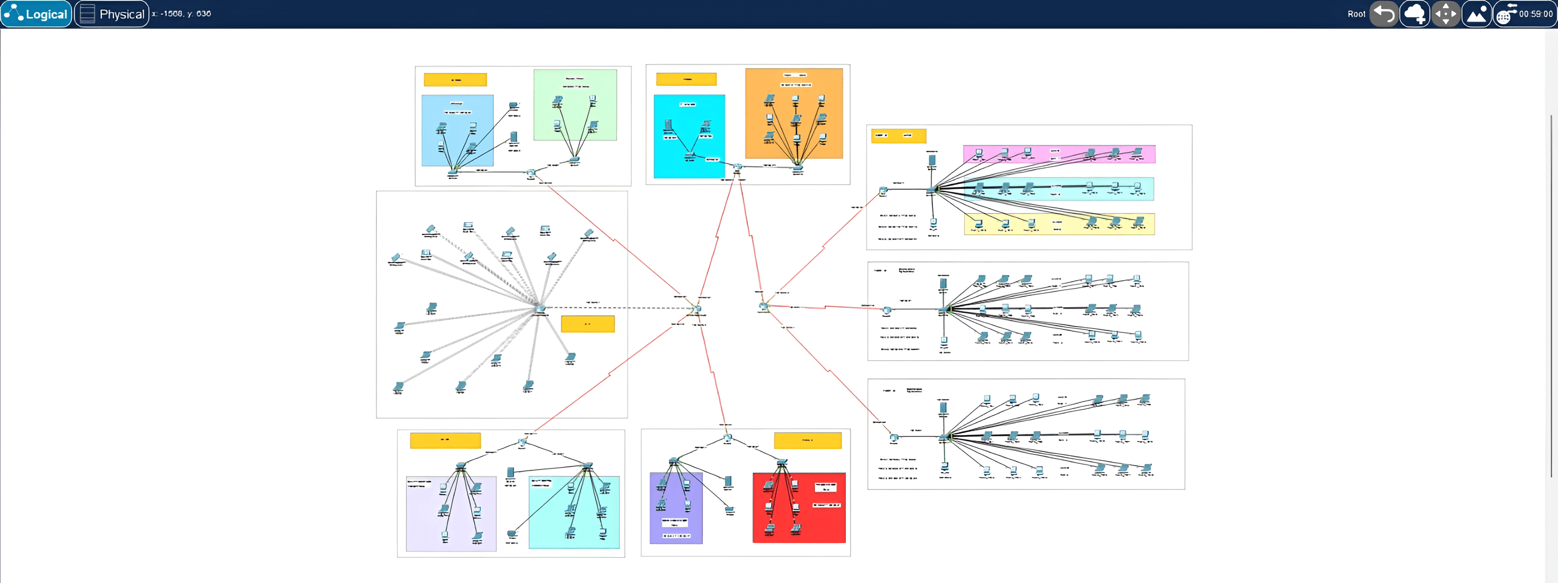 Cisco Packet Tracer topology showing multi-site call center network with color-coded VLANs across 4 floors and interconnecting routers