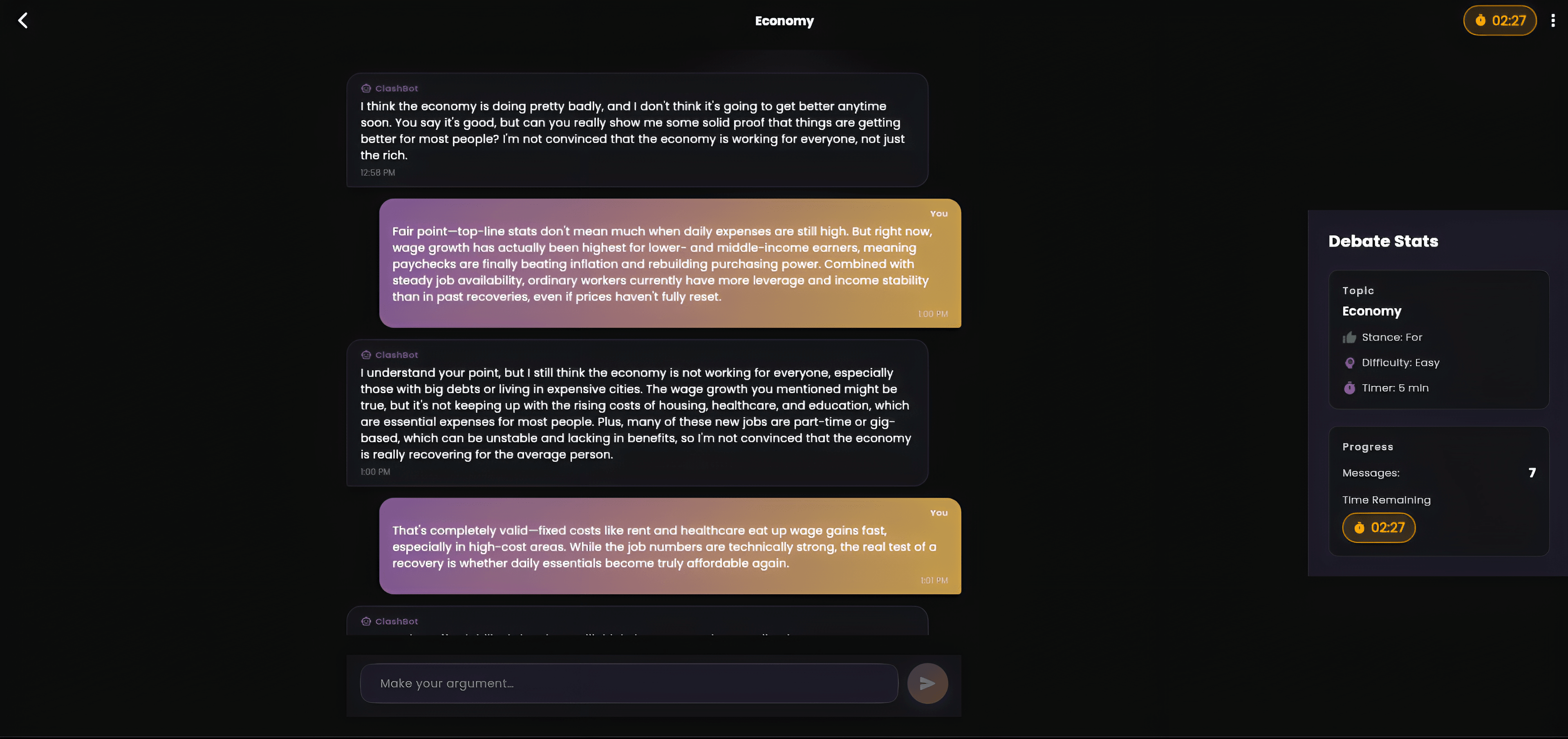 ClashChat active debate on Economy topic showing AI and user exchange with Debate Stats panel