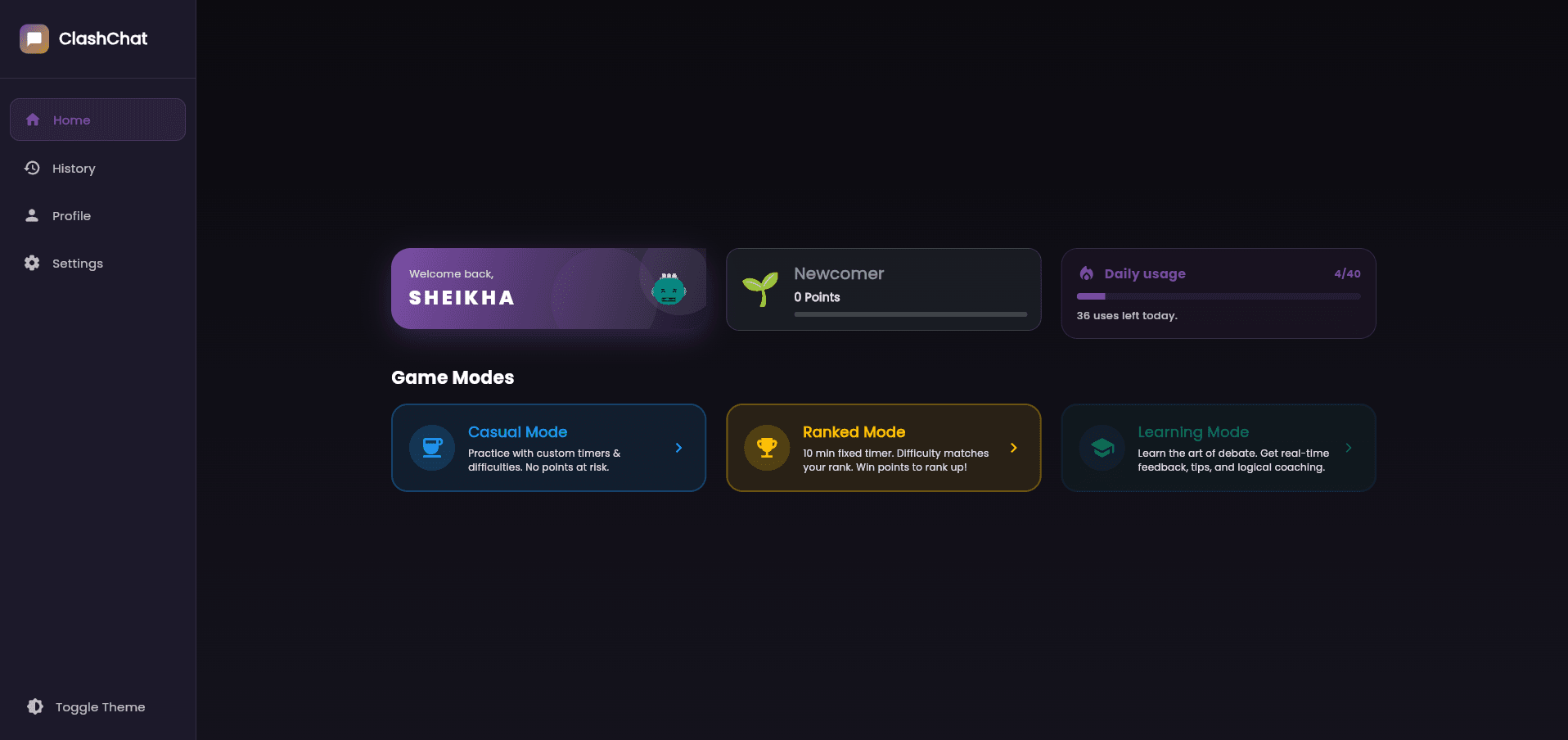 ClashChat home screen dark mode showing game modes