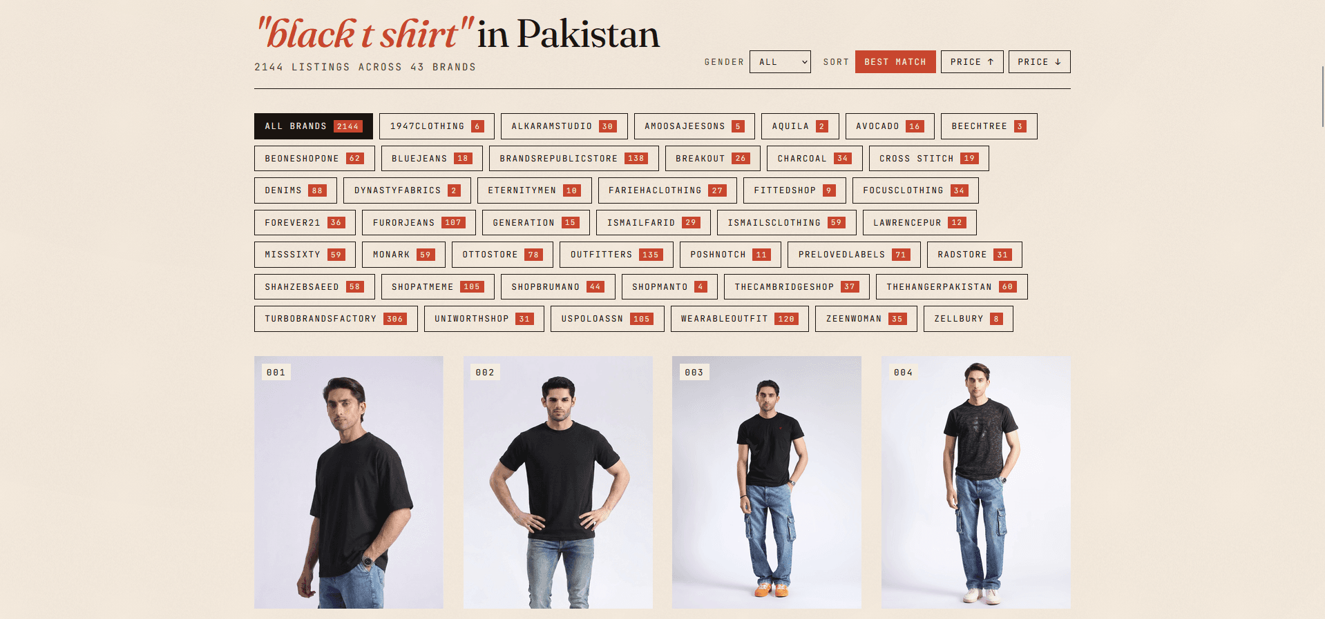 FOLIO results page showing 2144 listings across 43 brands with brand filter chips