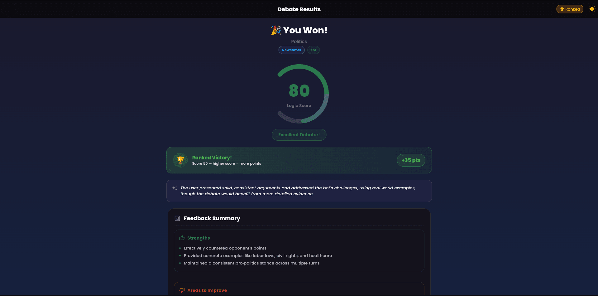 ClashChat's debate results screen — an 80 logic score on a circular gauge, a ranked victory awarding 35 points, and a feedback summary listing the arguments that landed