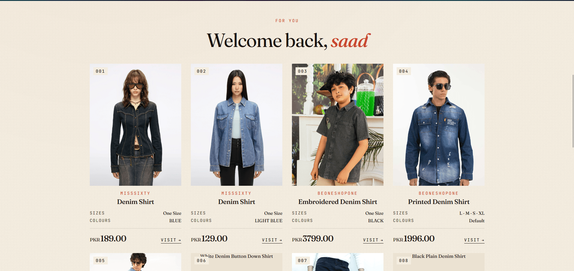FOLIO's personalised recommendations grid, each numbered card carrying a brand, garment name, available sizes, colourway and price in PKR