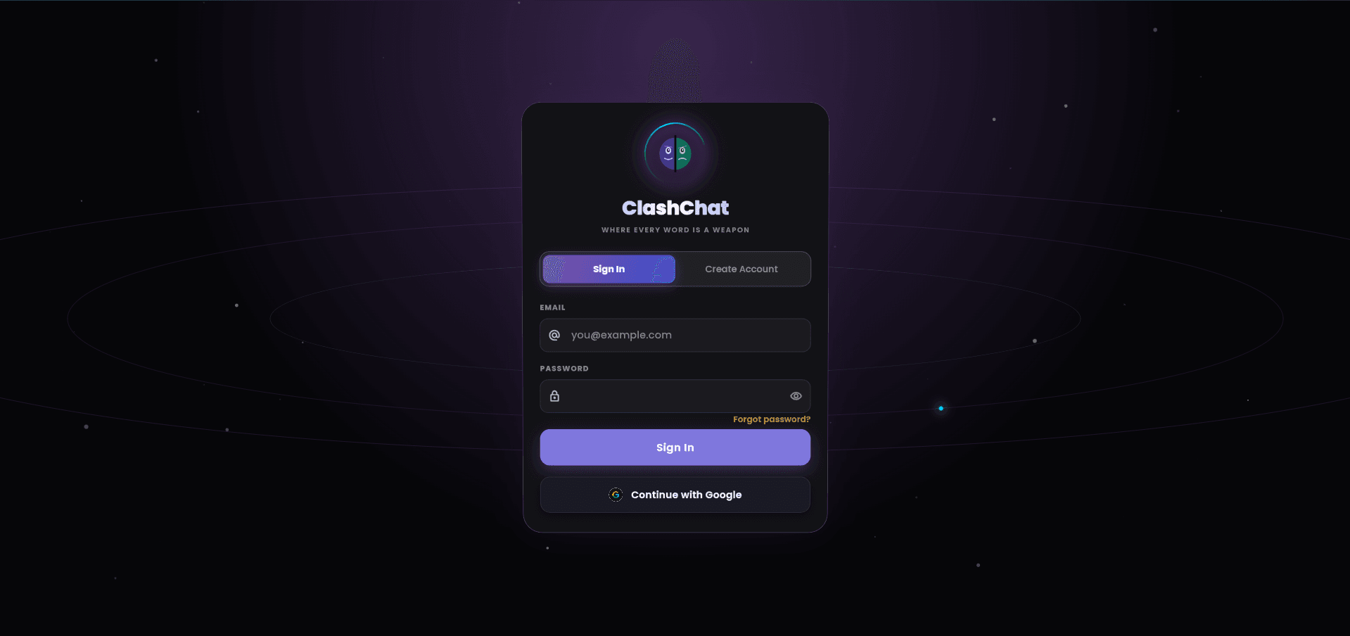 ClashChat's sign-in screen under the tagline "where every word is a weapon", offering email and password fields or a Continue with Google button